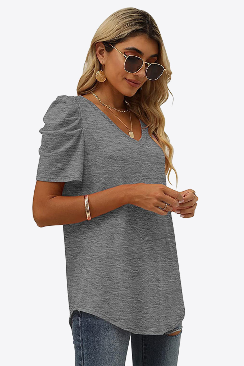 V-Neck Puff Sleeve Tee-Angel Casuals