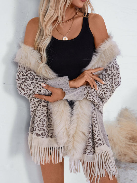 Fringe Leopard Open Front Long Sleeve Poncho-Angel Casuals