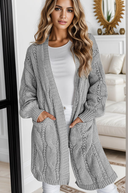 Cable-Knit Dropped Shoulder Slit Cardigan-Angel Casuals