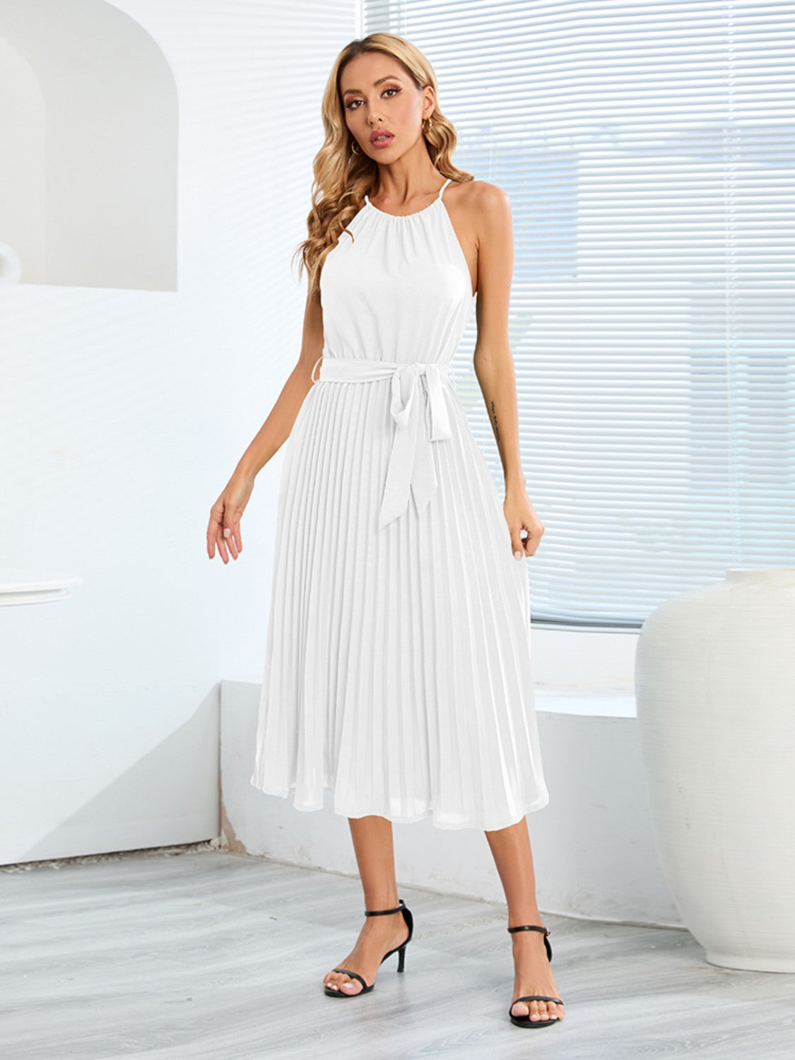 Pleated Spaghetti Strap Tie Waist Midi Dress-Angel Casuals