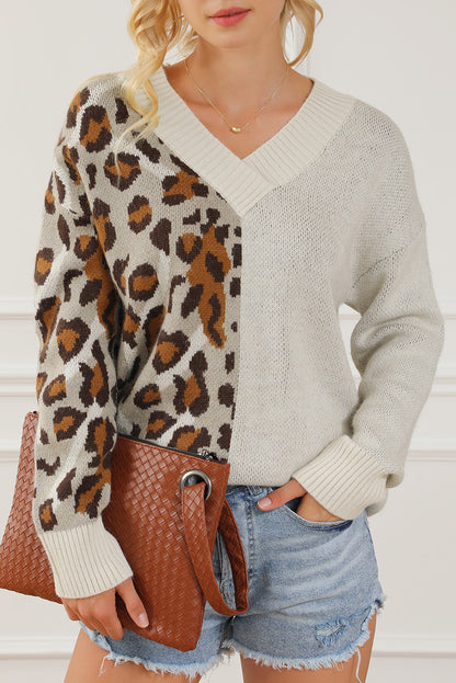 Leopard V Neck Drop Shoulder Sweater-Angel Casuals