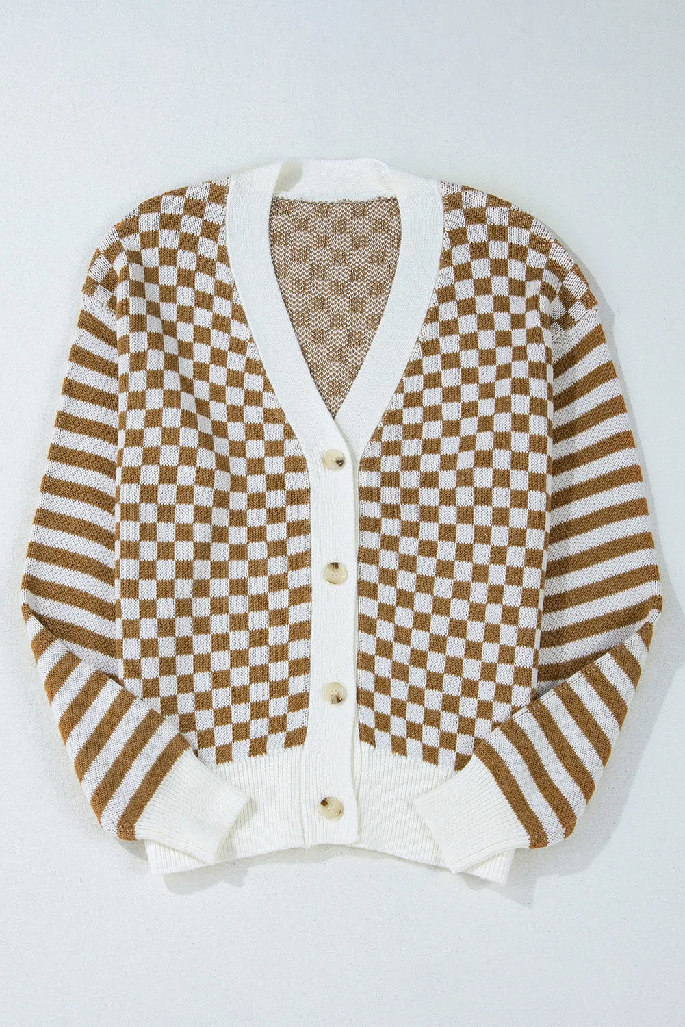 Checkered V-Neck Long Sleeve Cardigan-Angel Casuals