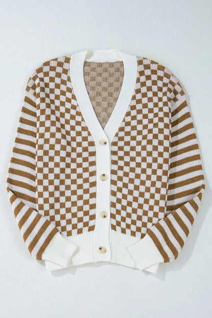 Checkered V-Neck Long Sleeve Cardigan-Angel Casuals