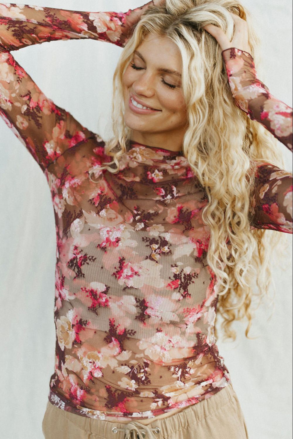 Floral Mock Neck Long Sleeve Sheer Top-Angel Casuals
