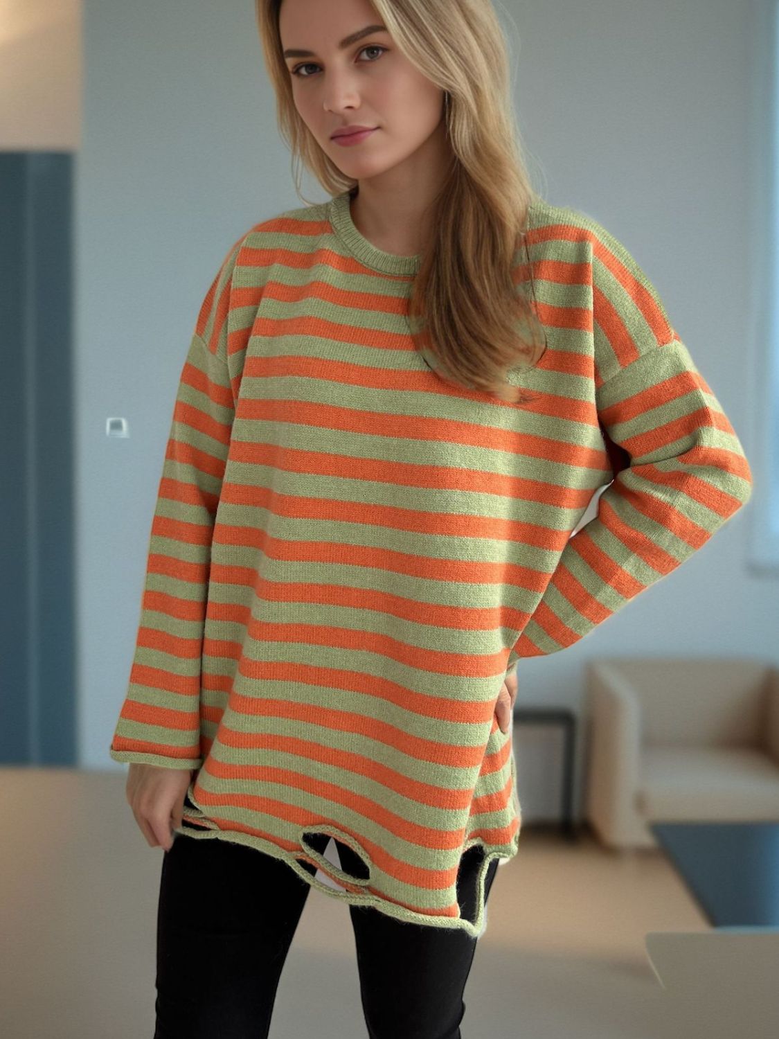 Distressed Striped Round Neck Long Sleeve Sweater-Angel Casuals