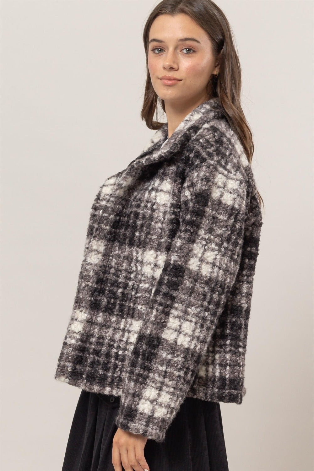 HYFVE Plaid Collared Neck Boucle Jacket with Pockets-Angel Casuals