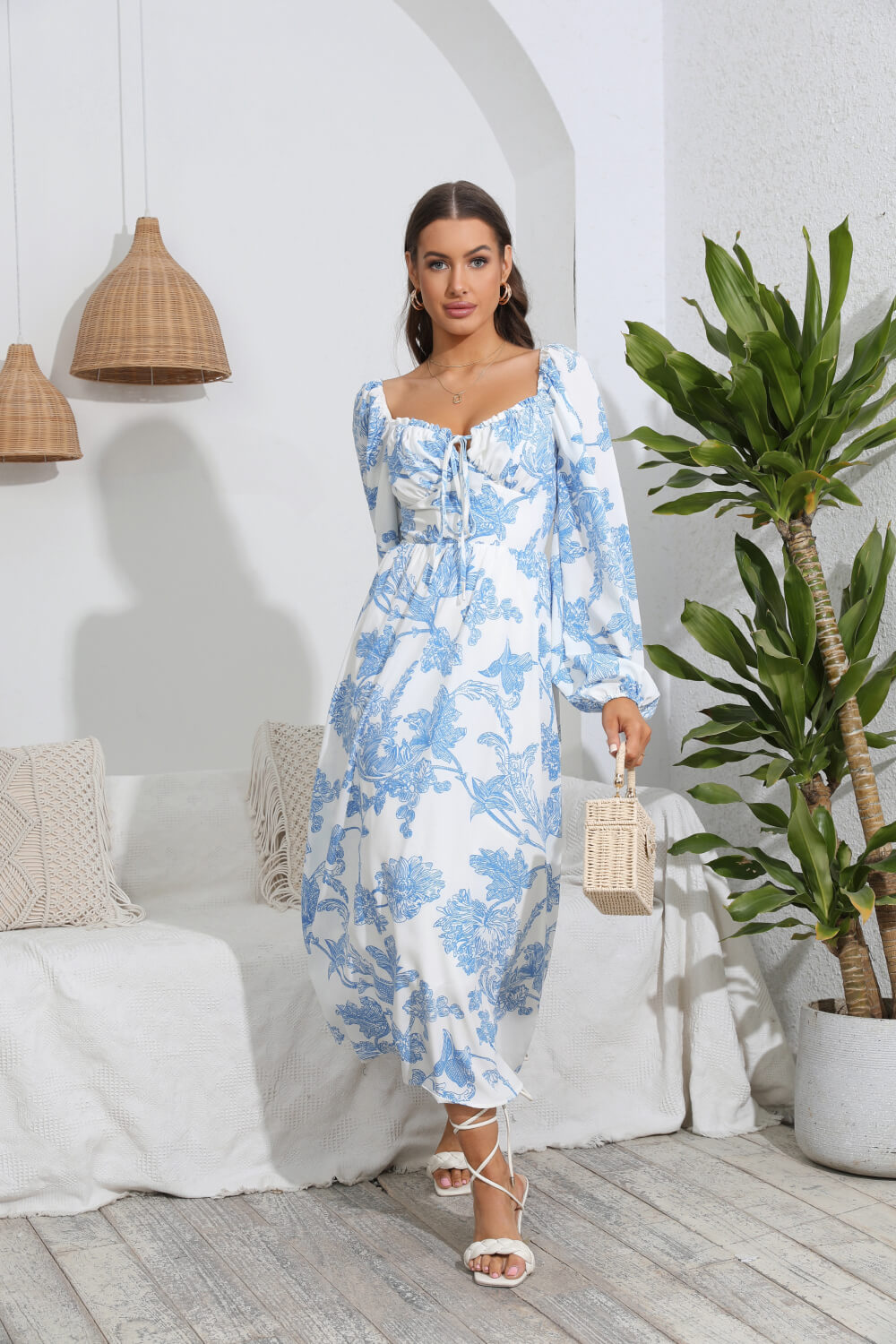 Floral Tie Front Sweetheart Neck Midi Dress-Angel Casuals