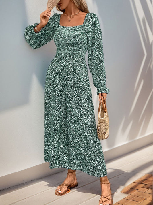 Perfee Smocked Printed Long Sleeve Wide Leg Jumpsuit-Angel Casuals
