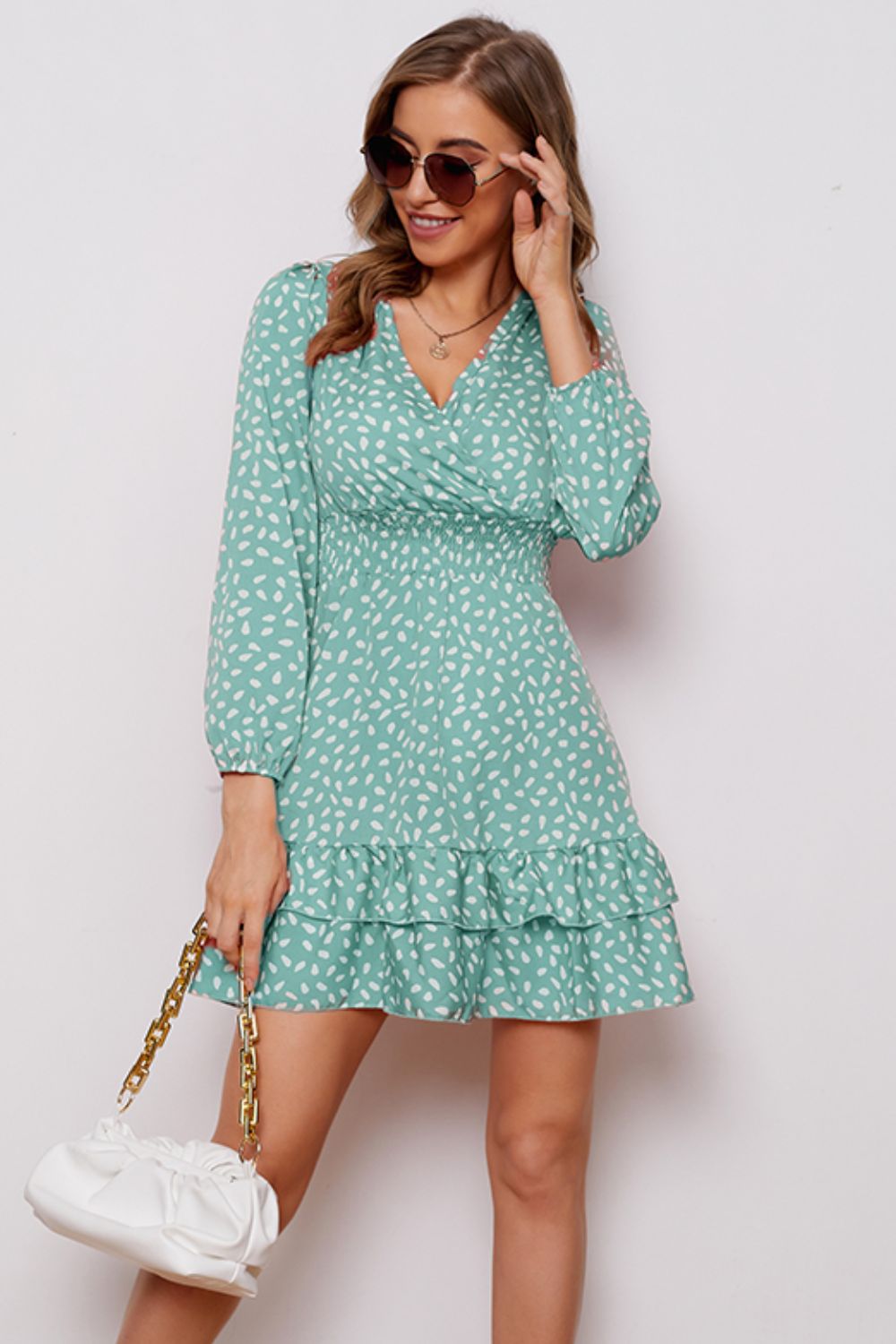 Printed Surplice Neck Puff Sleeve Ruffle Hem Dress-Angel Casuals