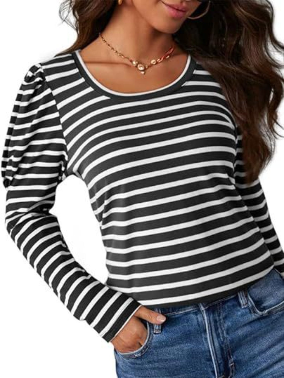 Striped Round Neck Long Sleeve T-Shirt-Angel Casuals