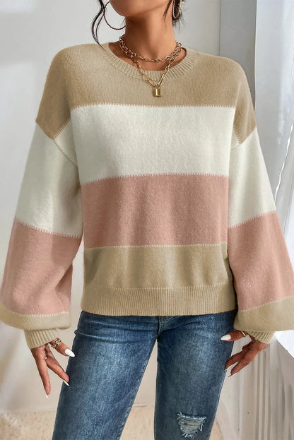 Color Block Round Neck Lantern Sleeve Sweater-Angel Casuals