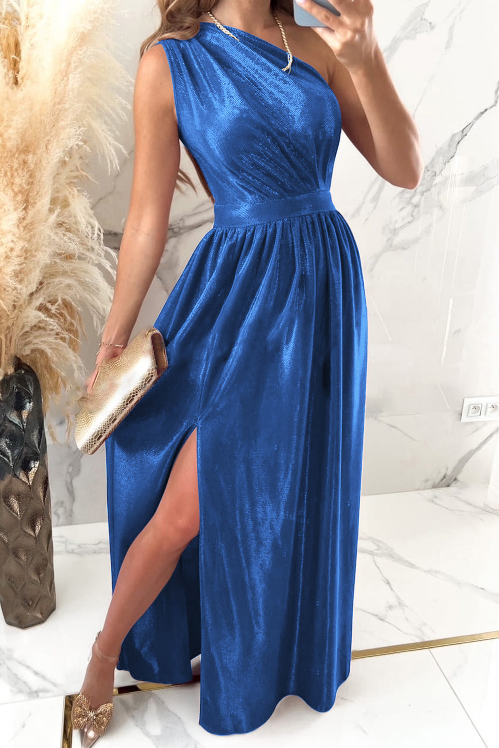 One Shoulder Slit Ruched Maxi Dress-Angel Casuals