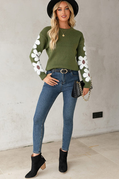 Flower Round Neck Long Sleeve Sweater-Angel Casuals