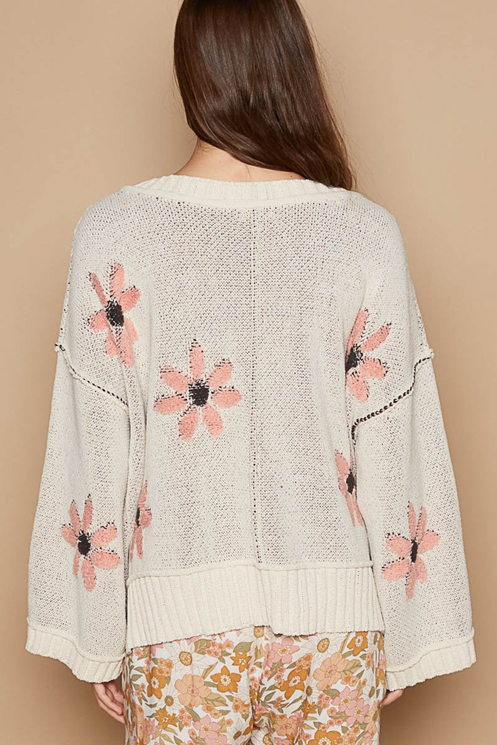 POL V-Neck Floral Pattern Chenille Sweater-Angel Casuals