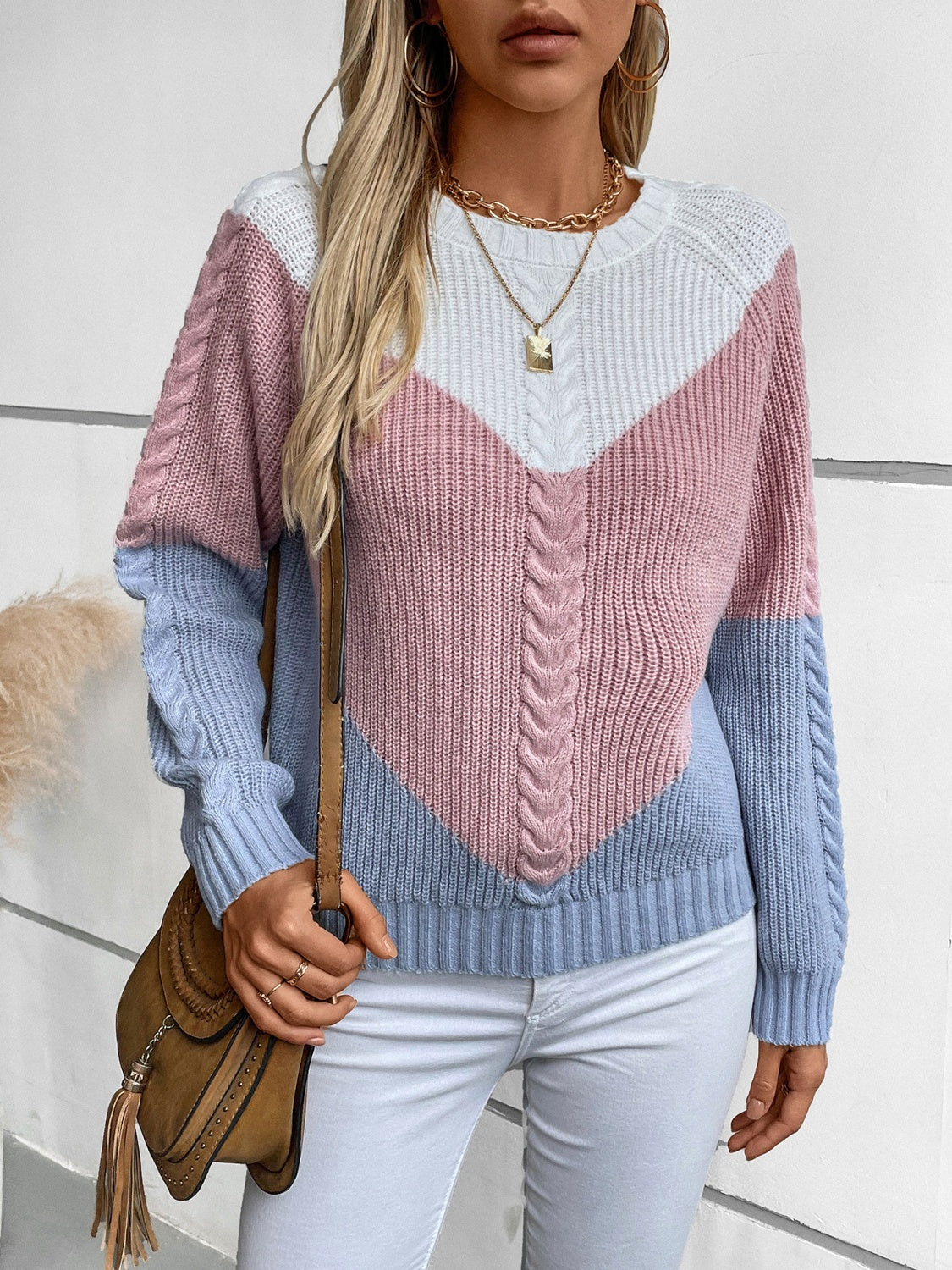 Color Block Round Neck Long Sleeve Sweater-Angel Casuals