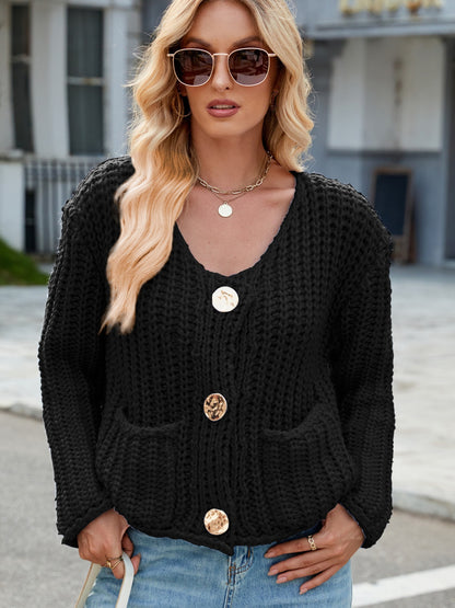 Round Neck Button Up Cardigan with Pockets-Angel Casuals