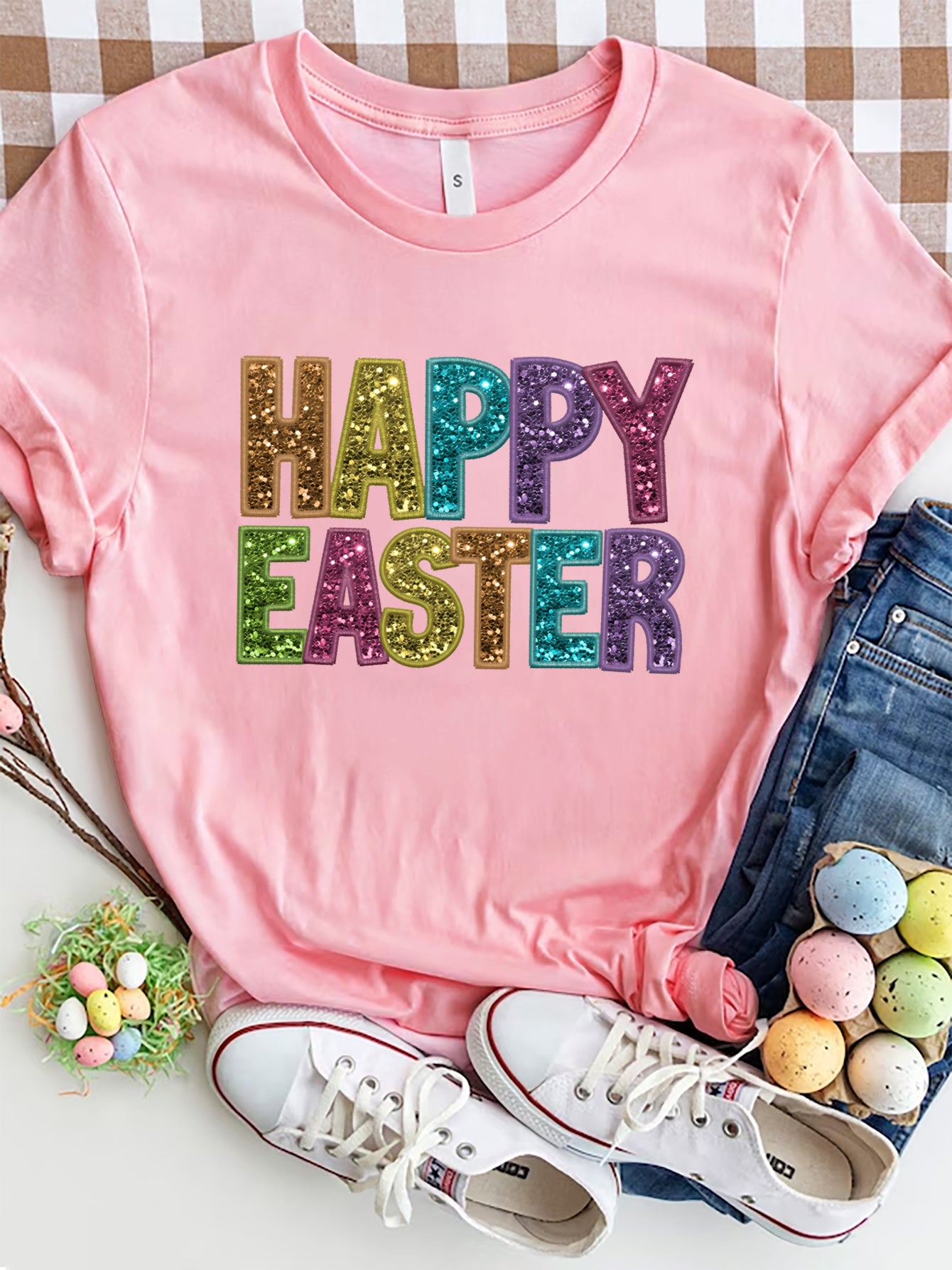HAPPY EASTER Round Neck Short Sleeve T-Shirt-Angel Casuals