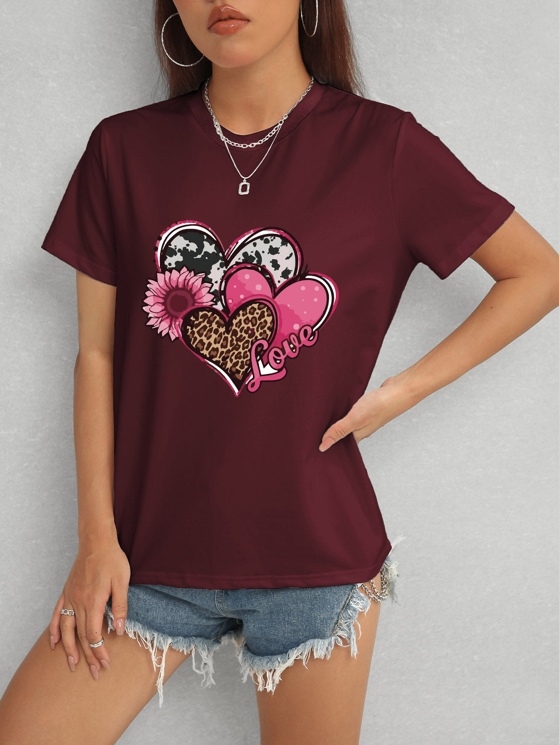 Heart Round Neck Short Sleeve T-Shirt-Angel Casuals