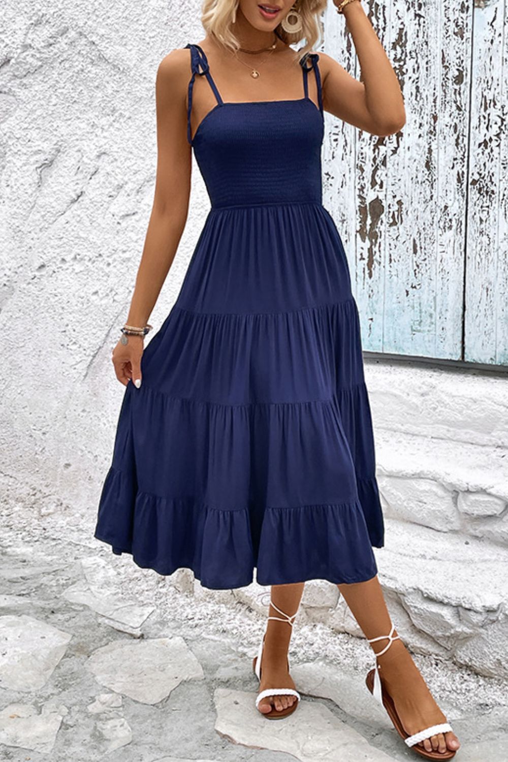 Tie-Shoulder Tiered Midi Dress-Angel Casuals