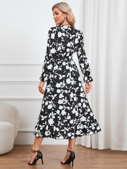 Floral Surplice Flounce Sleeve Ruffle Hem Dress-Angel Casuals