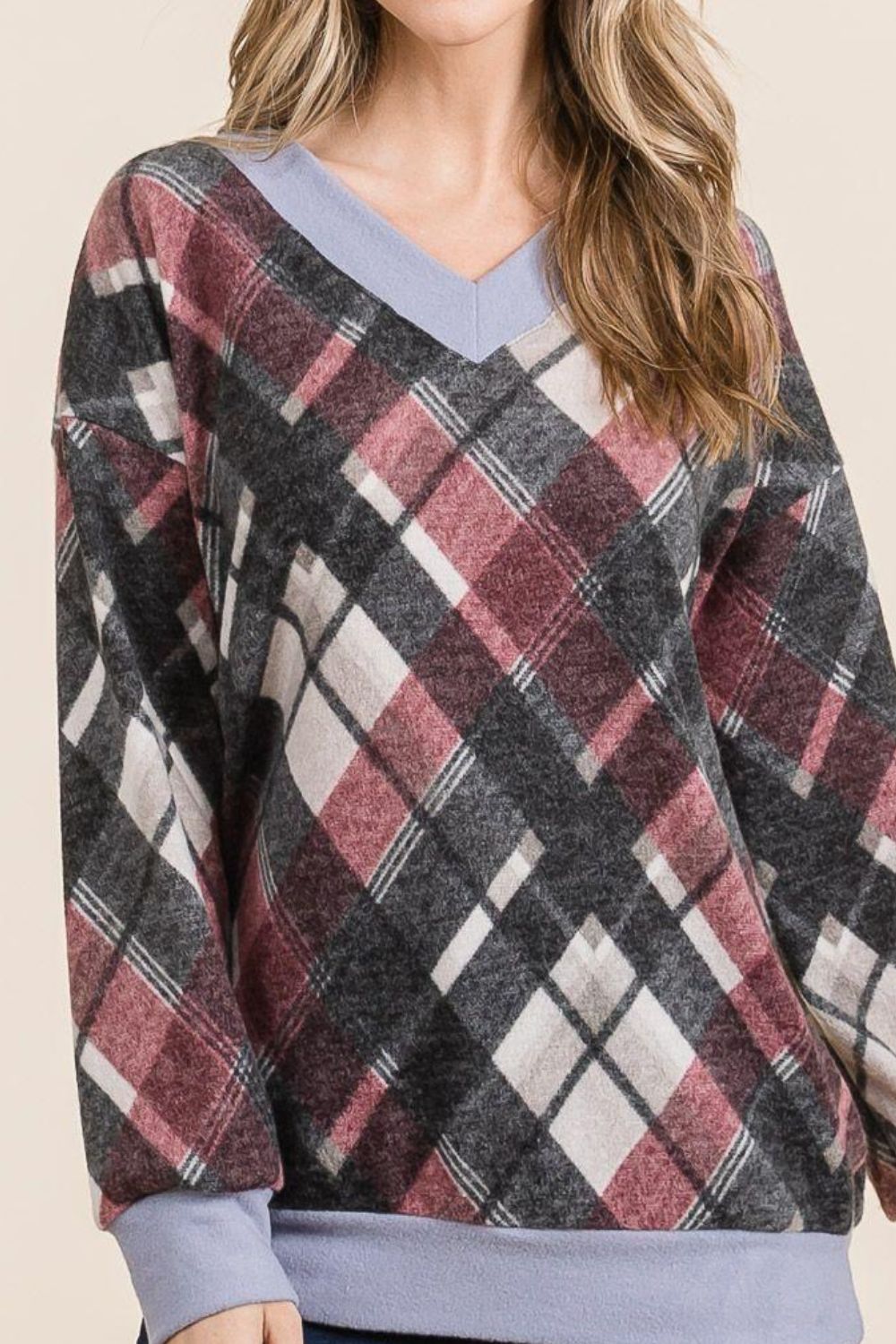 Celeste Plaid V-Neck Long Sleeve T-Shirt-Angel Casuals