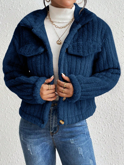 Fuzzy Button Up Collared Neck Jacket-Angel Casuals