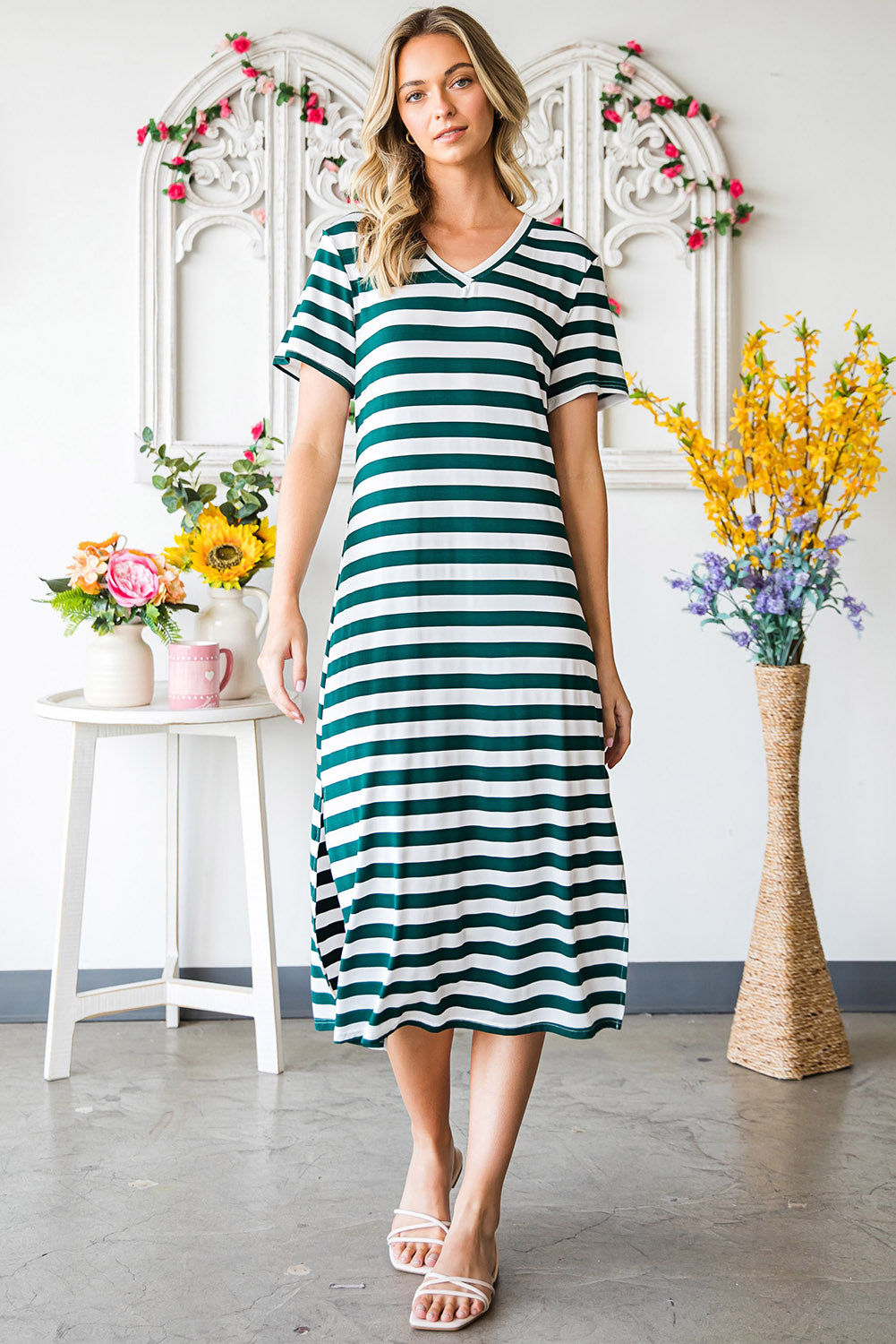 Striped V-Neck Short Sleeve Side Slit Dress-Angel Casuals