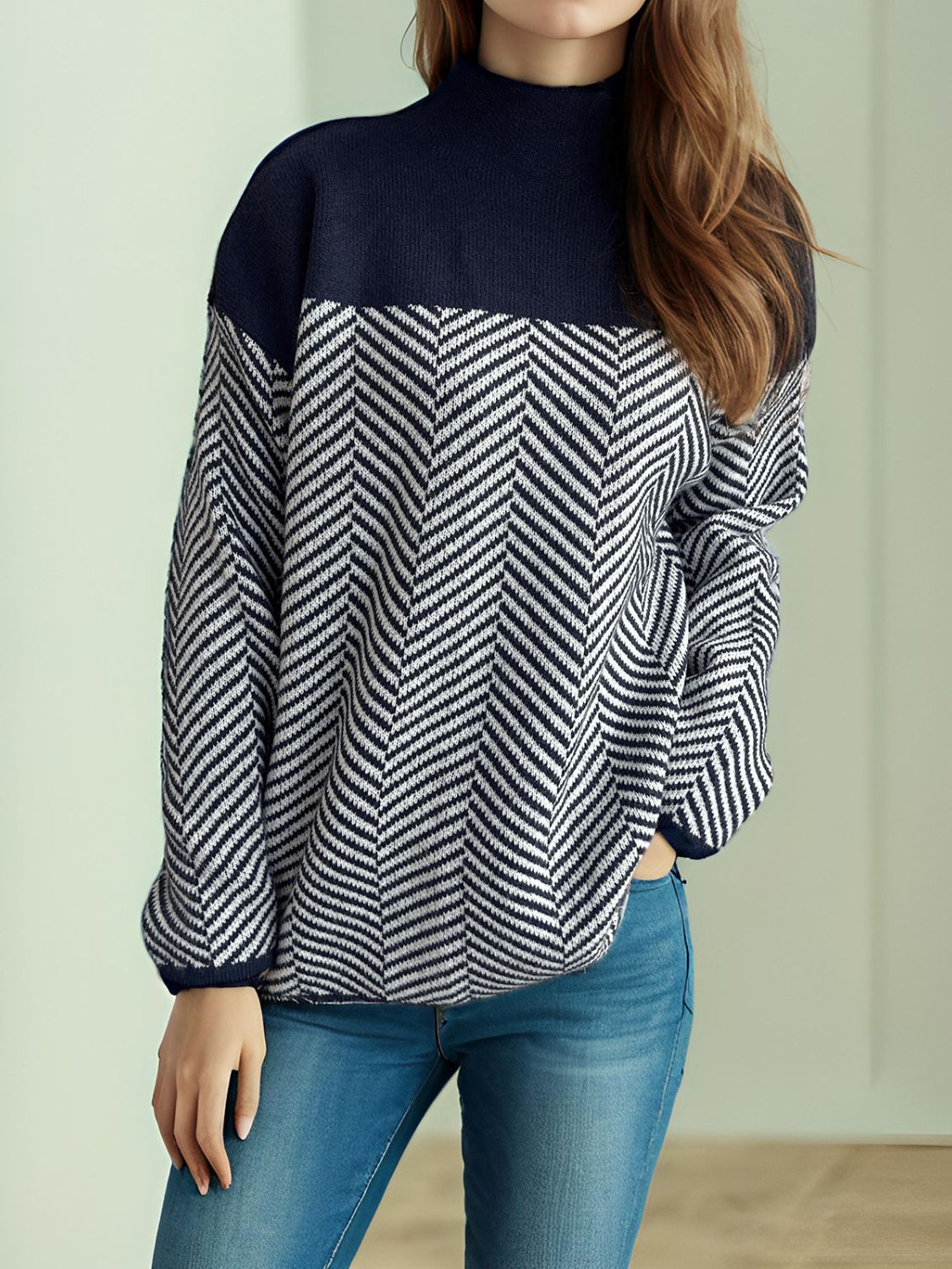 Contrast Turtleneck Long Sleeve Sweater-Angel Casuals