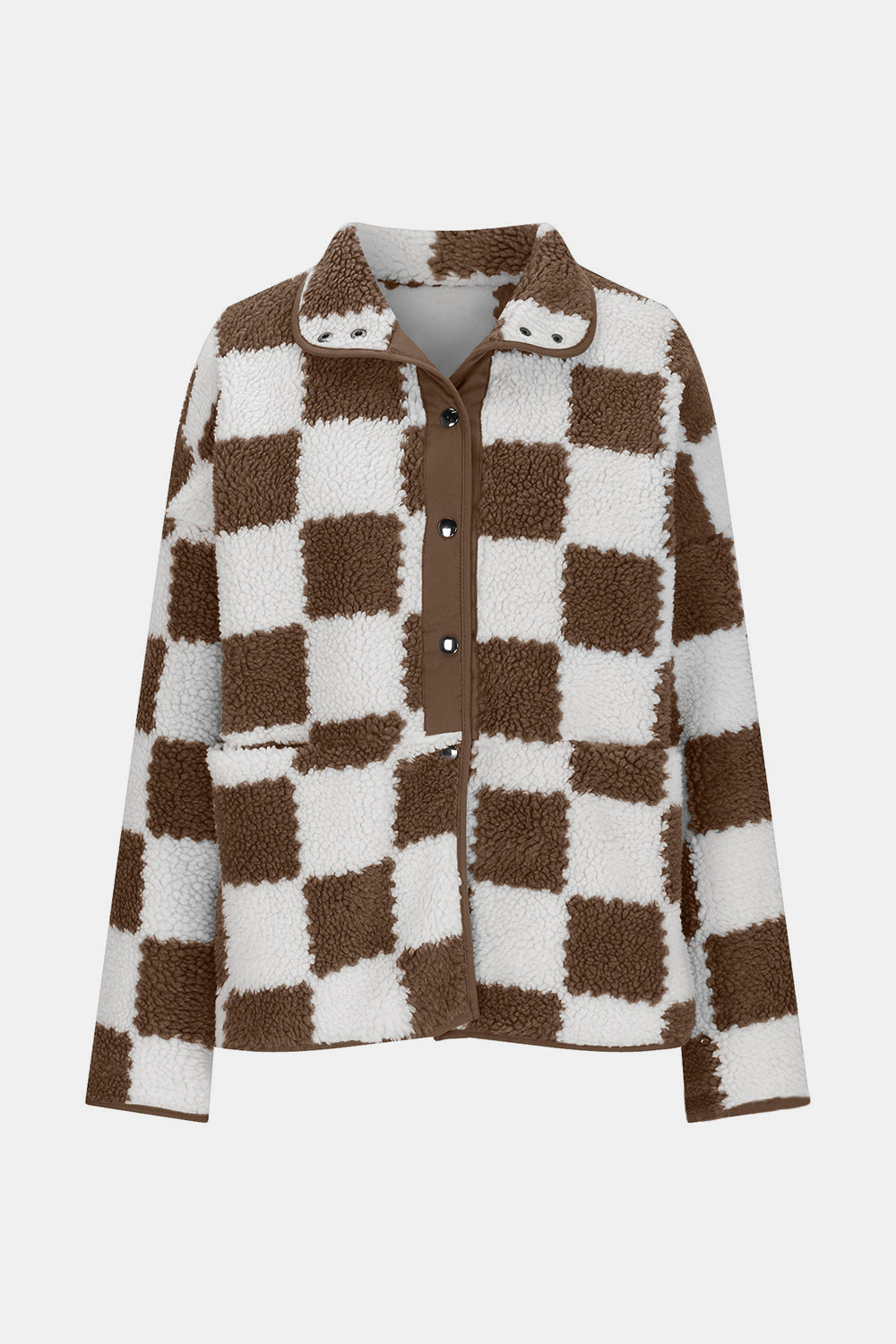 Checkered Snap Down Long Sleeve Teddy Jacket-Angel Casuals