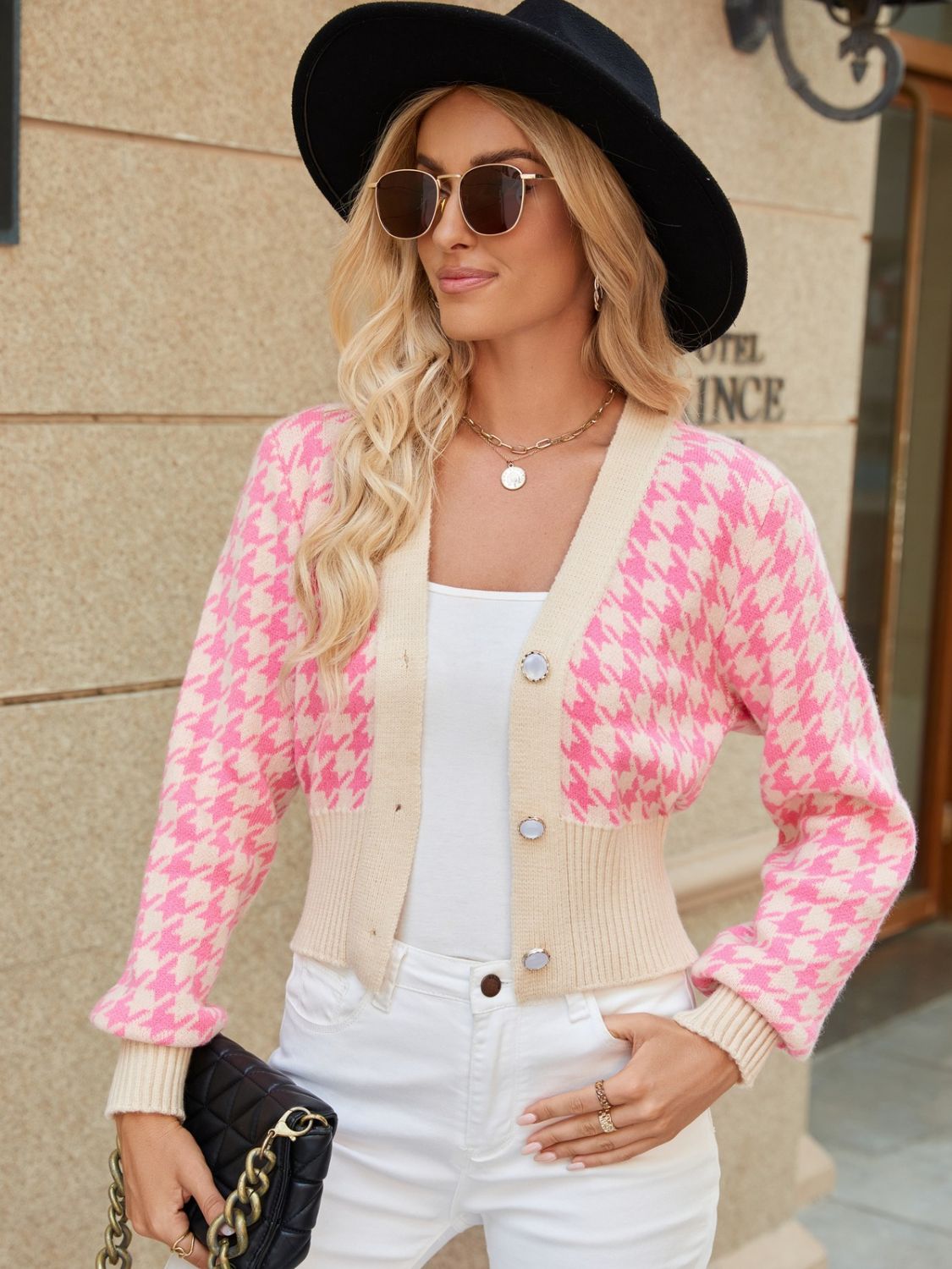 Houndstooth Button Up Long Sleeve Cardigan-Angel Casuals