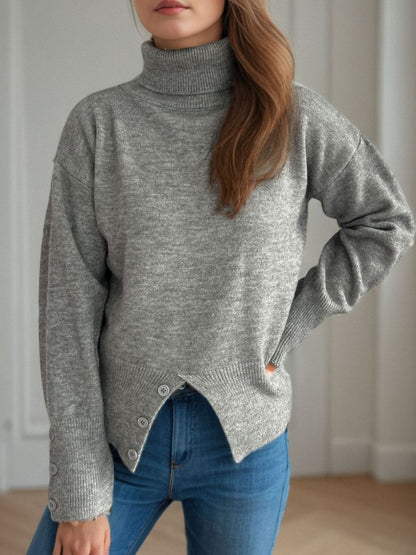 Front Slit Decorative Button Turtleneck Sweater-Angel Casuals