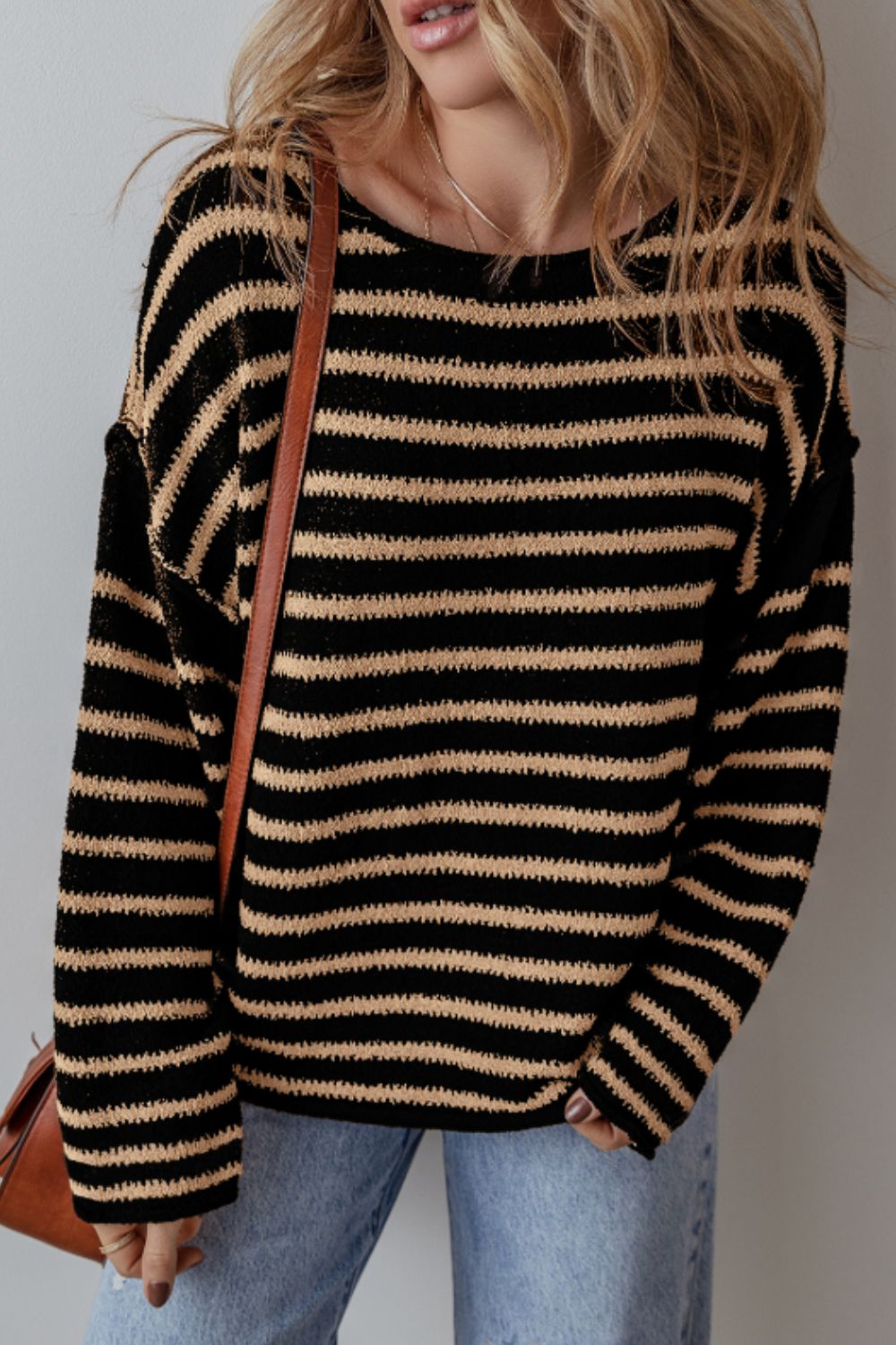 Stripe Drop Shoulder Round Neck Sweater-Angel Casuals