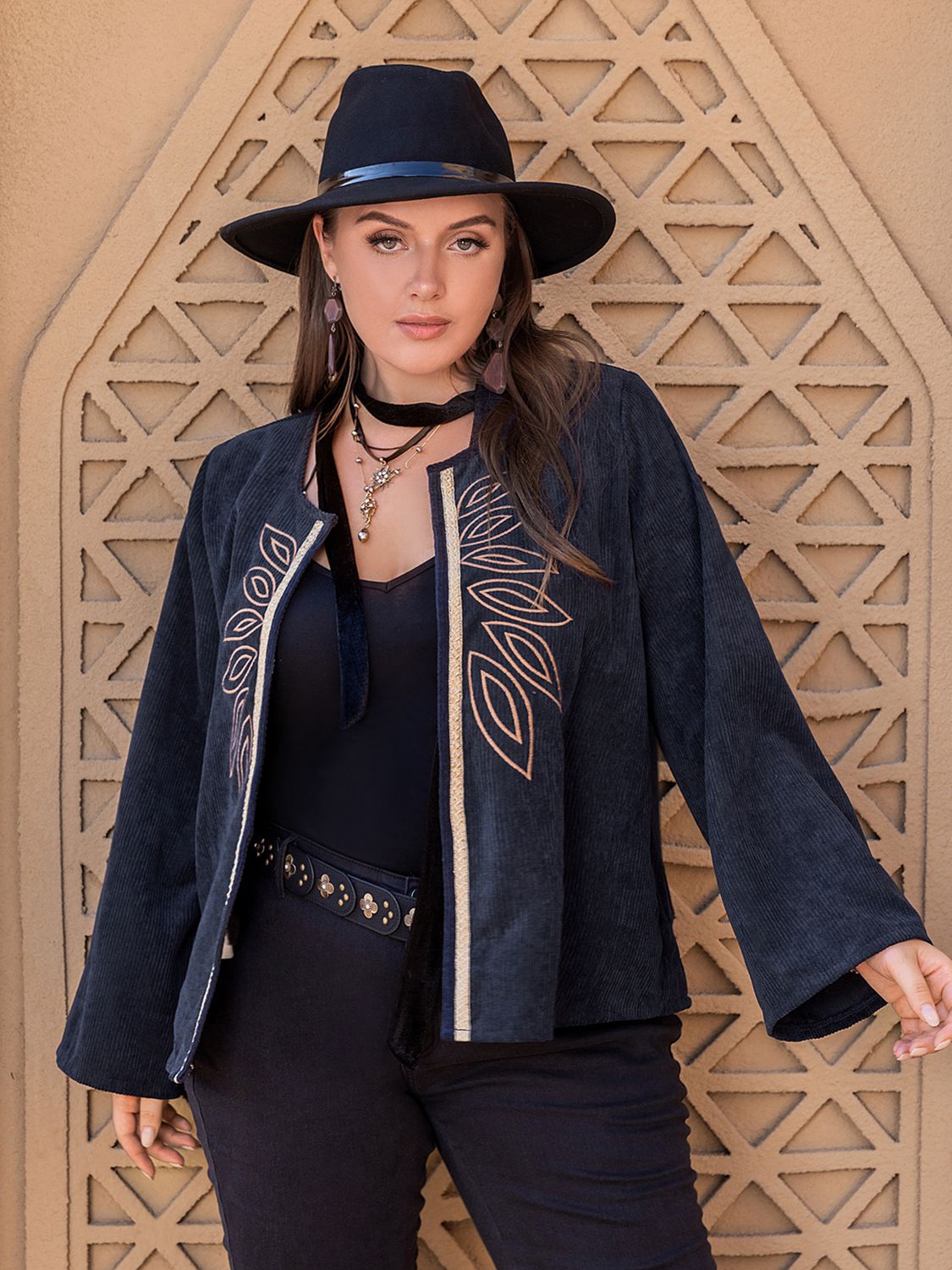 Plus Size Embroidered Open Front Jacket-Angel Casuals