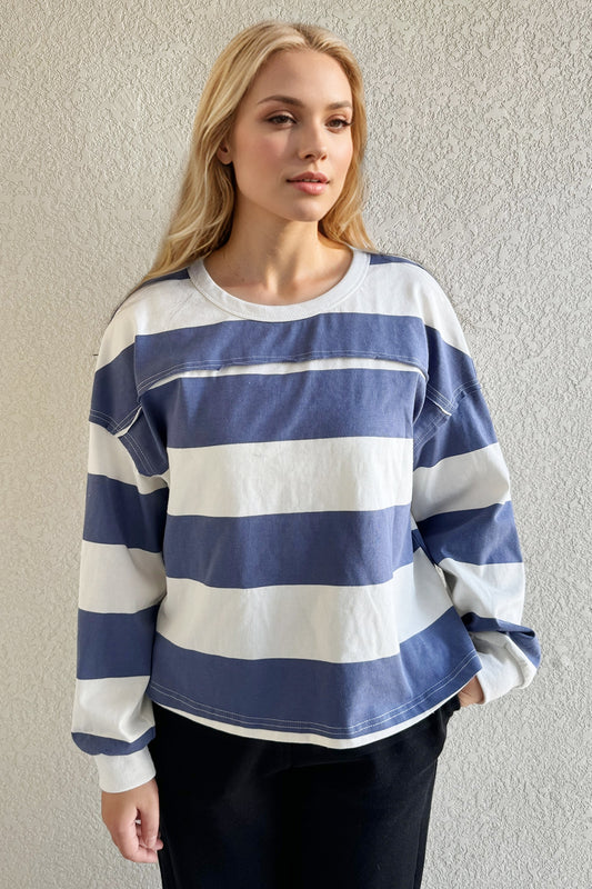 Oh Pima Cotton Wash Exposed Seam Contrast Striped Round Neck Long Sleeve T-Shirt-Angel Casuals
