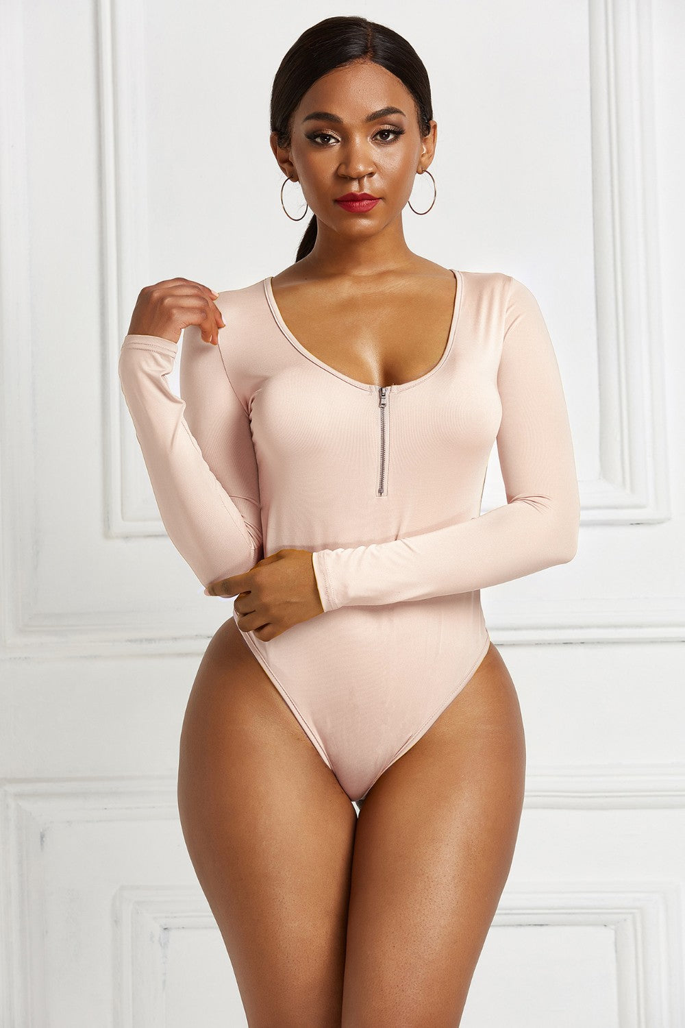 Half Zip Scoop Neck Long Sleeve Bodysuit-Angel Casuals