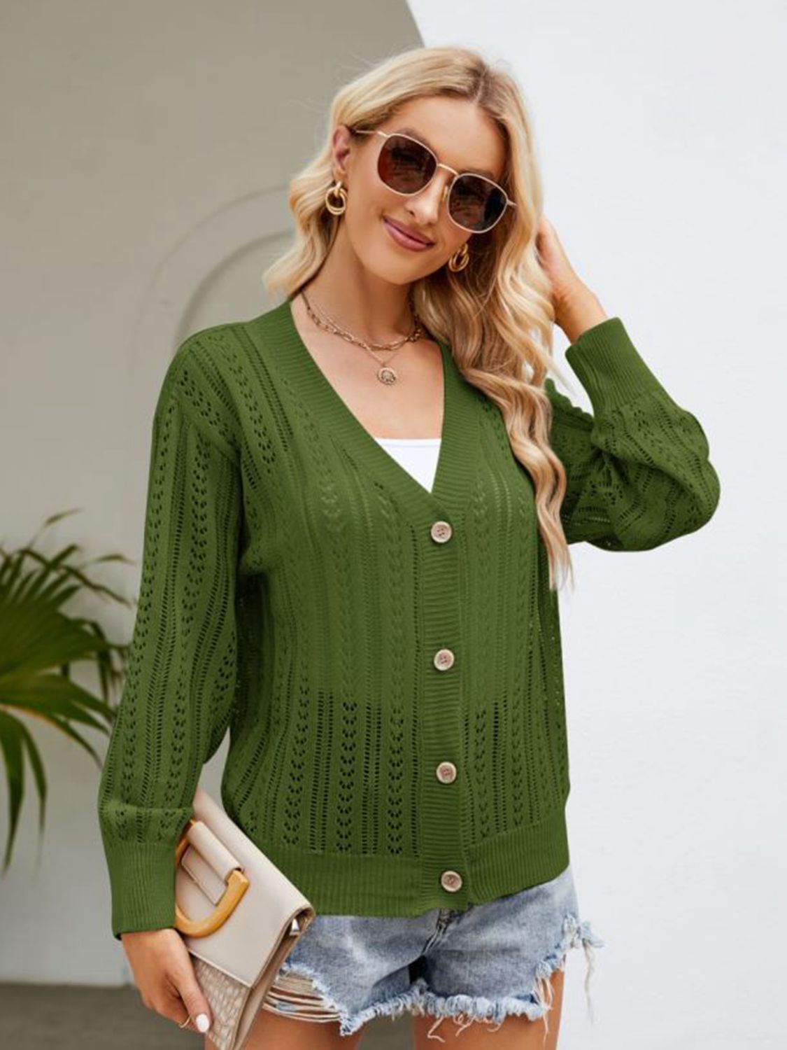 Button Down Ribbed Trim Cardigan-Angel Casuals