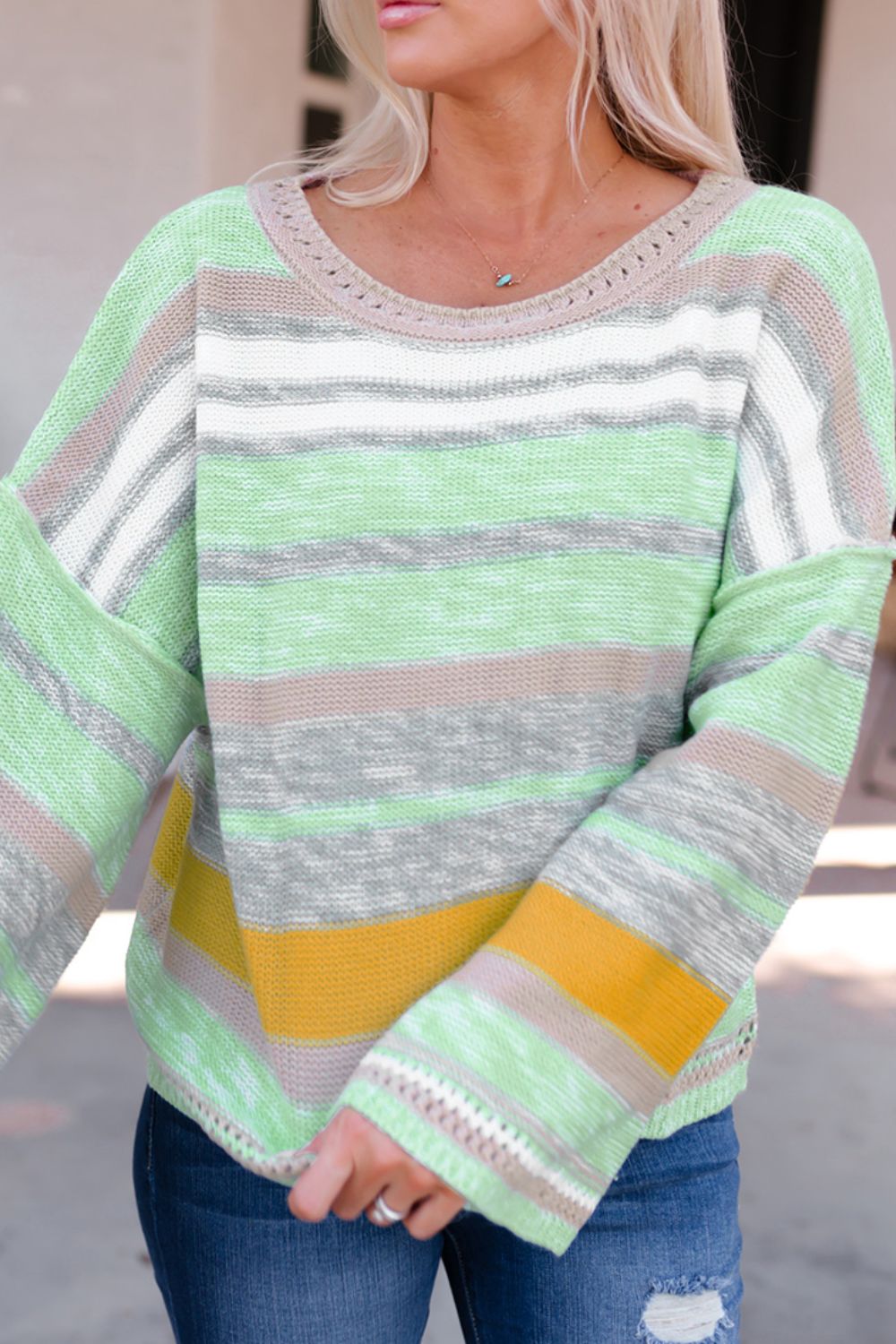 Contrast Striped Boat Neck Dropped Shoulder Sweater-Angel Casuals