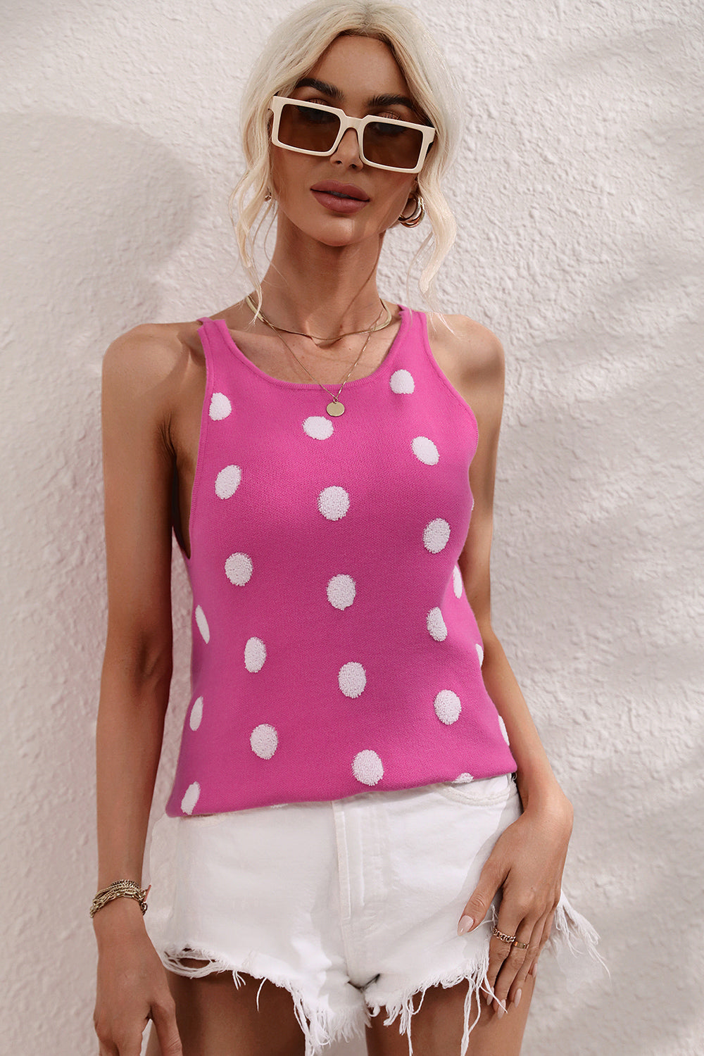 Polka Dot Round Neck Knit Tank-Angel Casuals