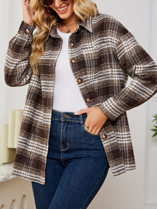 Plaid Collared Shirt Jacket-Angel Casuals