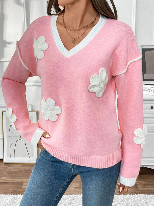 Perfee Flower V-Neck Long Sleeve Sweater-Angel Casuals