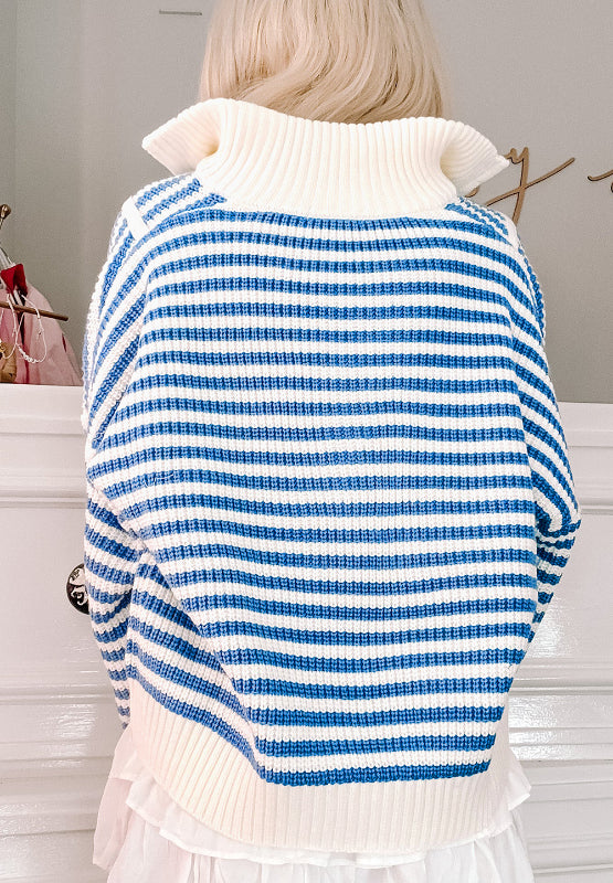 Striped Half Zip Mock Neck Long Sleeve Sweater-Angel Casuals