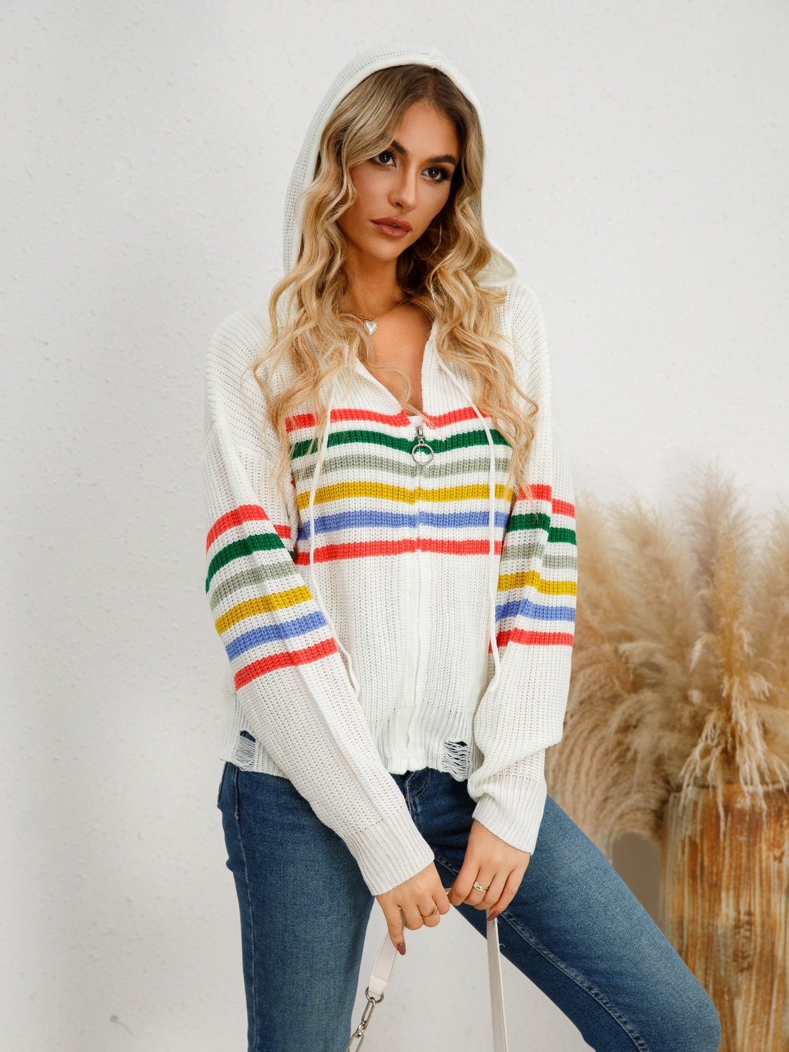 Drawstring Striped Dropped Shoulder Hooded Cardigan-Angel Casuals