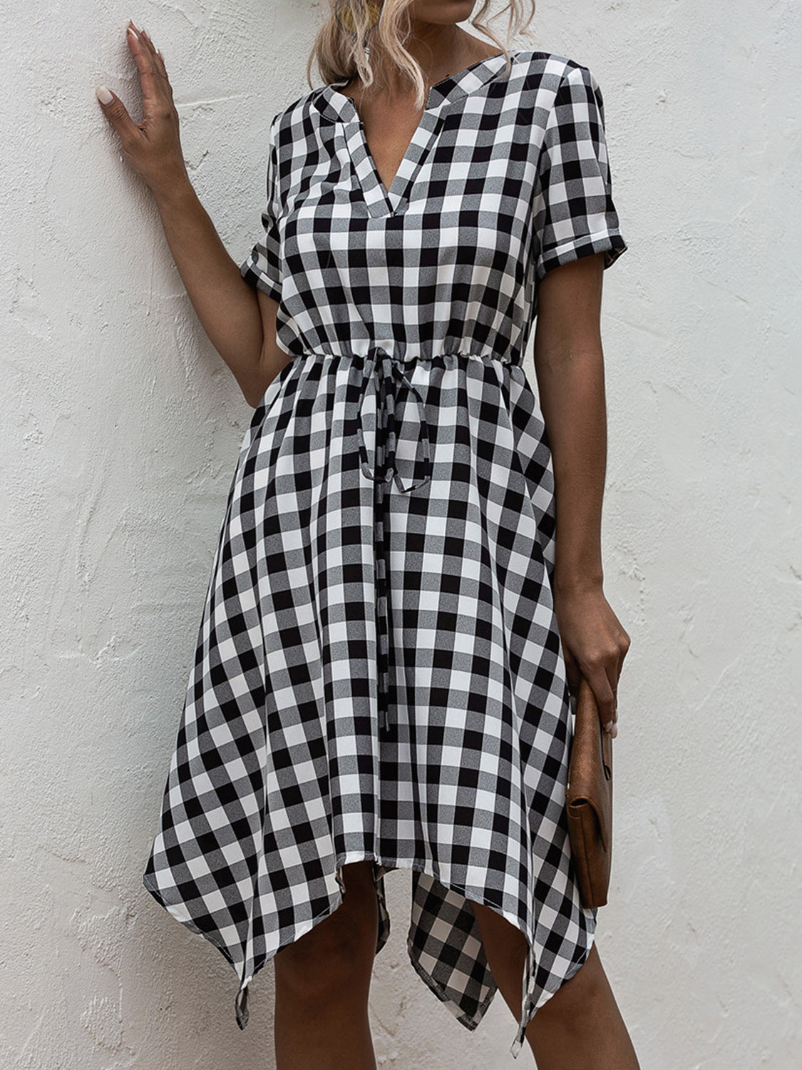 Plaid Notched Short Sleeve Dress-Angel Casuals