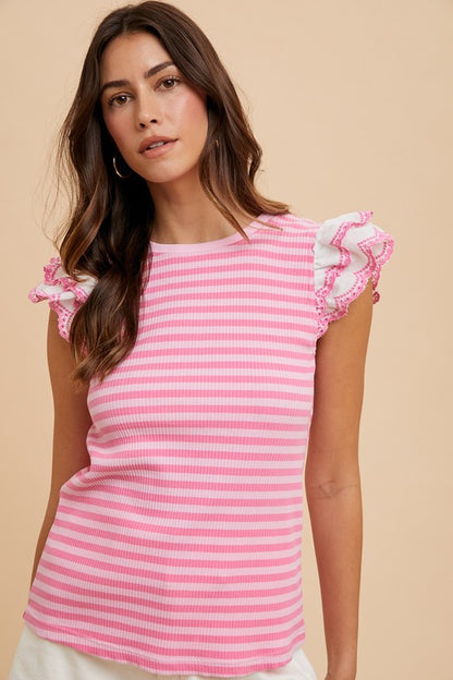 Annie Wear Ruffled Striped Round Neck Cap Sleeve Knit Top-Angel Casuals