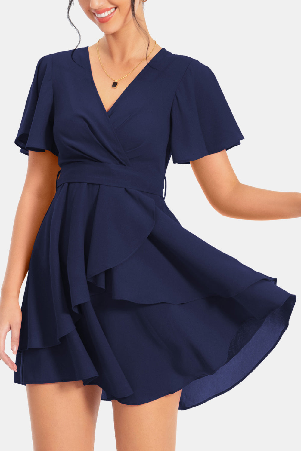 Surplice Neck Flutter Sleeve Dress-Angel Casuals