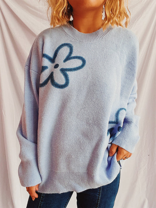 Flower Round Neck Long Sleeve Sweater-Angel Casuals