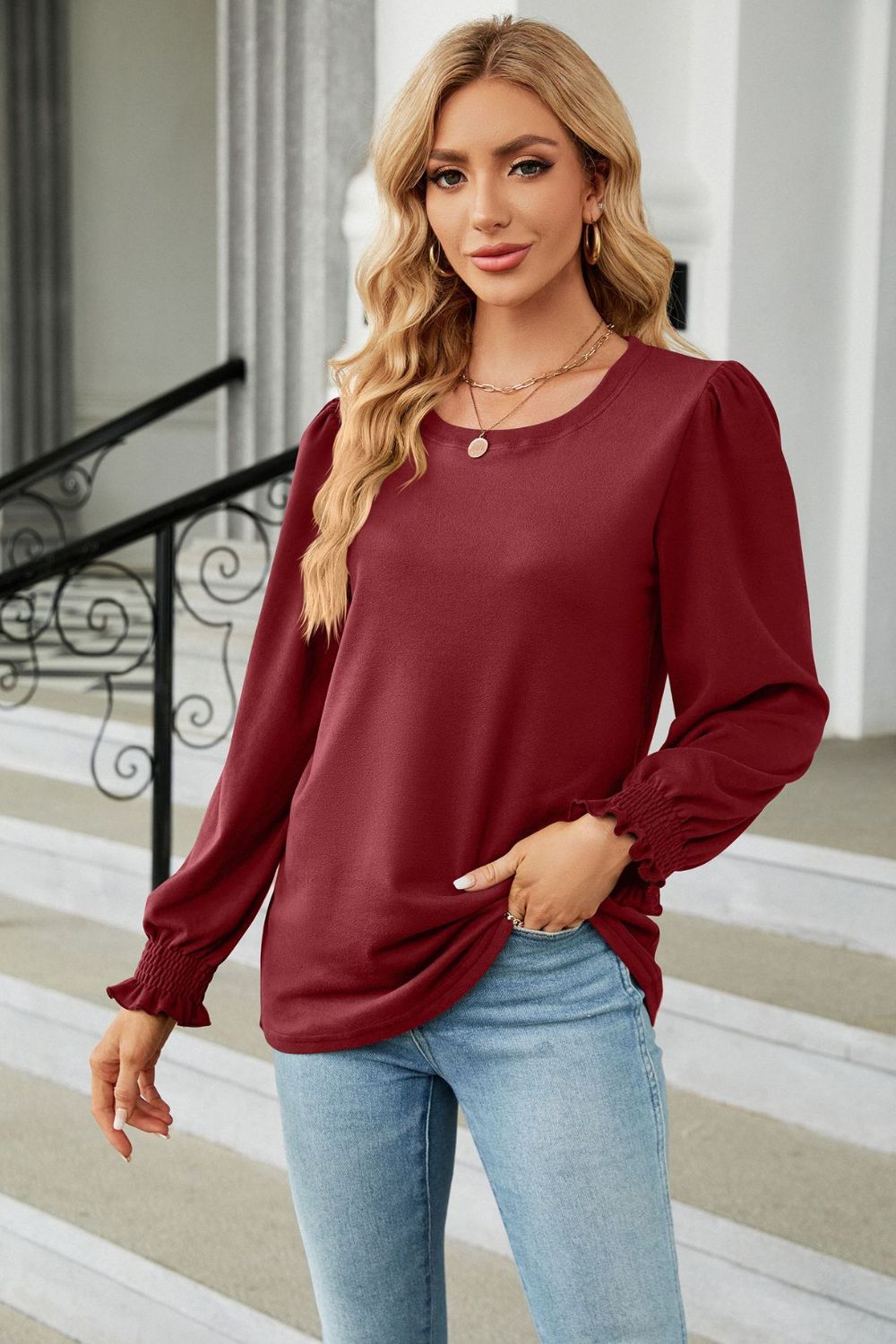 Round Neck Long Sleeve T-Shirt-Angel Casuals