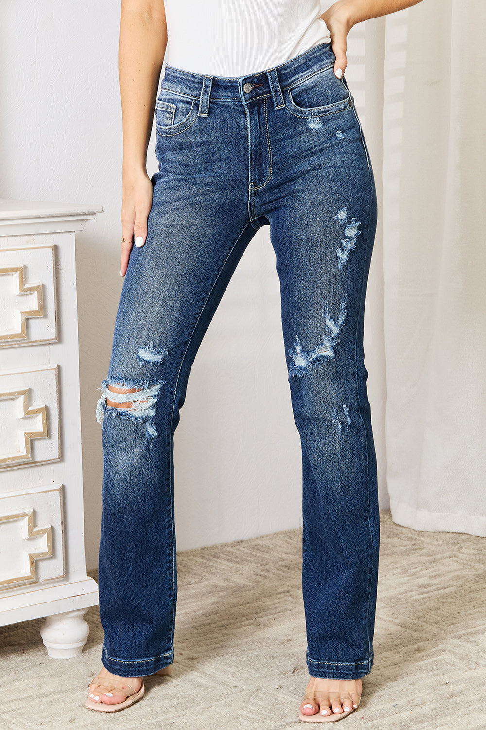 Judy Blue Full Size Mid Rise Hand Sand & Destroy Bootcut Jeans-Angel Casuals