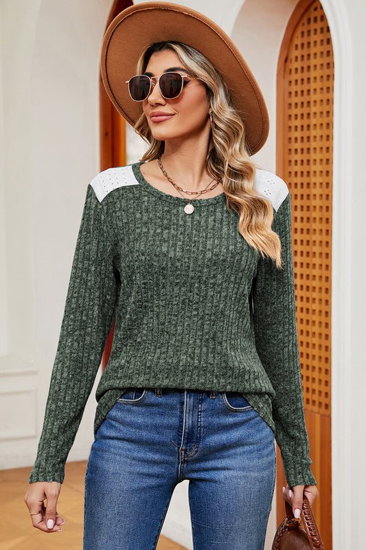 Eyelet Ribbed Round Neck Long Sleeve T-Shirt-Angel Casuals