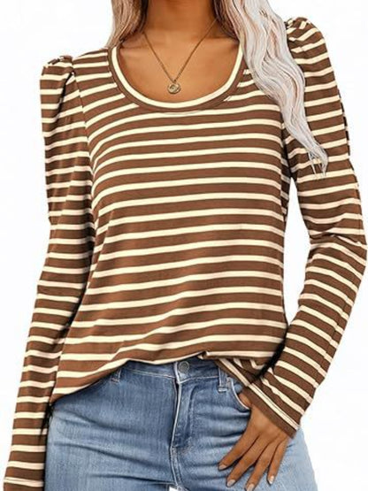 Striped Round Neck Long Sleeve T-Shirt-Angel Casuals